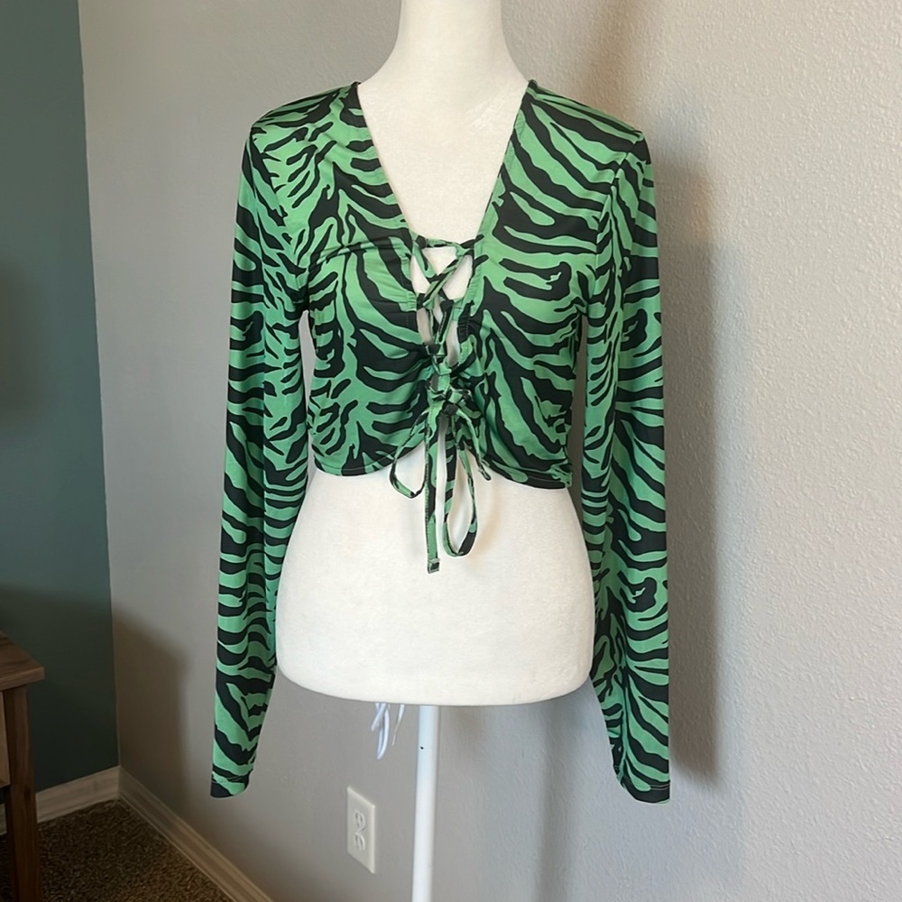 ASOS Slinky Green/Black Lace Up Crop Top Size 12